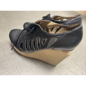 FIEL Anthropologie Womens 9.5 Chunky Wedge Booties Black Leather